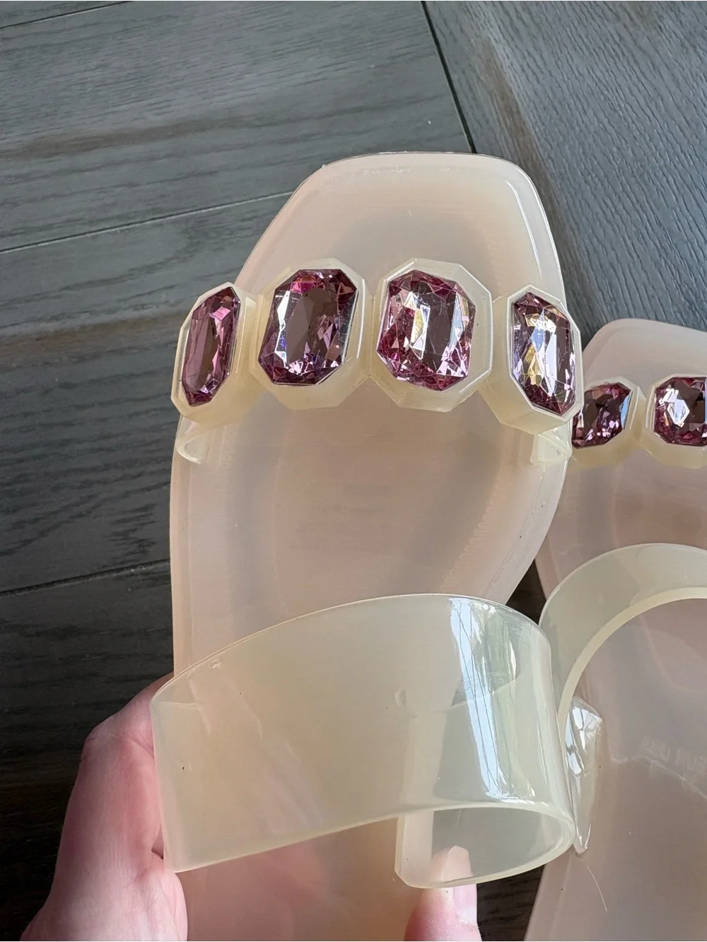 New York & Company Blush Clear Slides with Pink Gem Accents